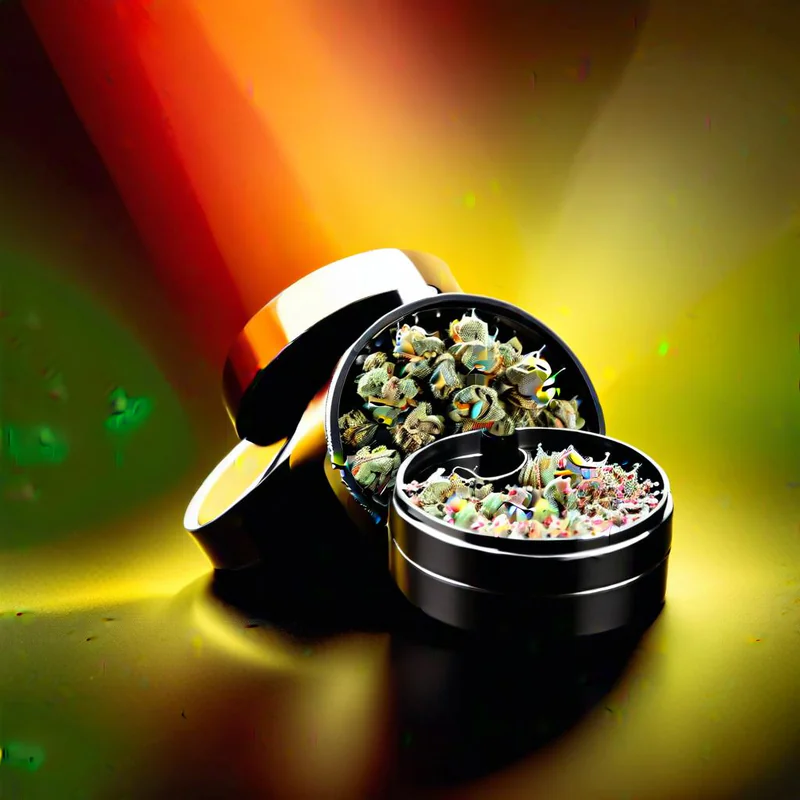 An intricately engraved custom grinder made of aluminum features a detailed logo on its surface, showcasing sharp teeth designed for a consistent grind. This durable metal grinder is ideal for cannabis connoisseurs seeking the perfect grind for their smoking experience.