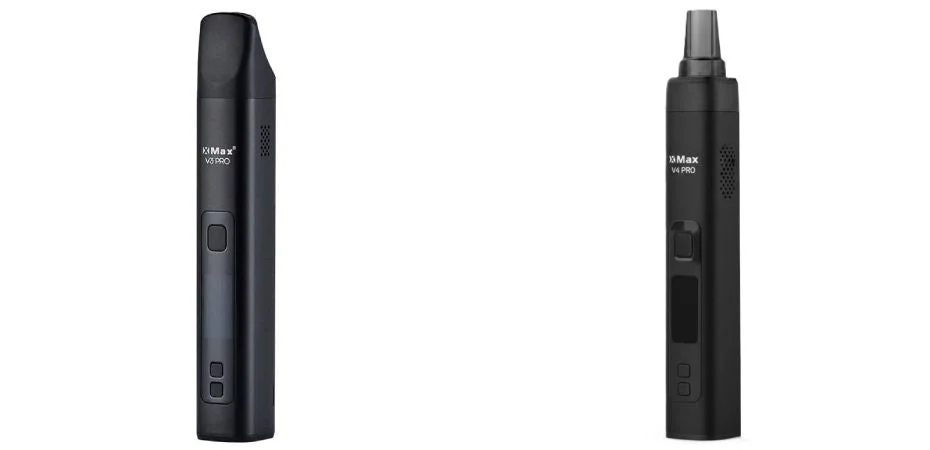 Side-by-side technical diagram comparing the XMAX V3 Pro and V4 Pro — magnetic vs screw-on battery cap and redesigned mouthpiece