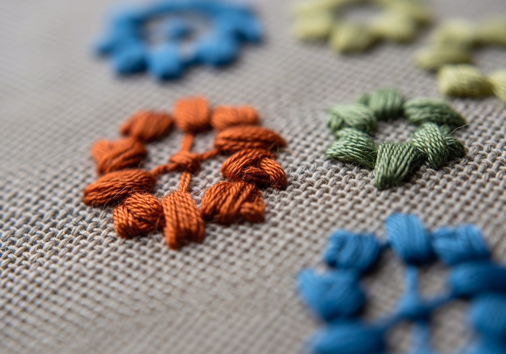 Detailed thread embroidery stitched on fabric
