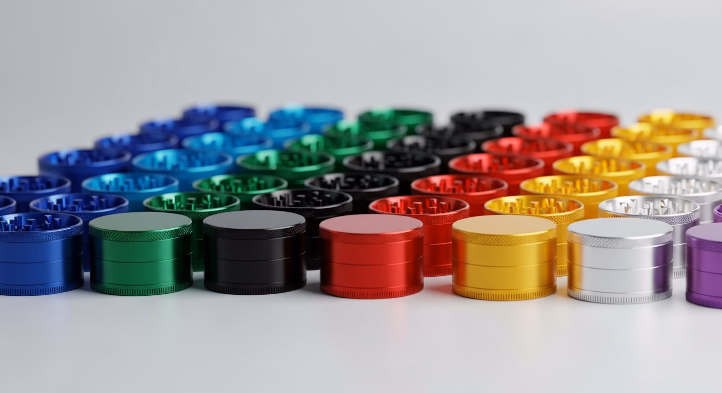 Rows of custom anodized aluminum weed grinders in bulk wholesale quantity